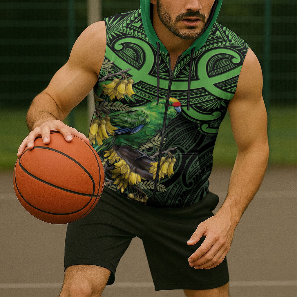 New Zealand Parakeet Bird Sleeveless Zip Hoodie Maori Kakariki Kowhai Maori Pattern