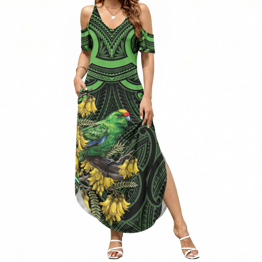 New Zealand Parakeet Bird Summer Maxi Dress Maori Kakariki Kowhai Maori Pattern