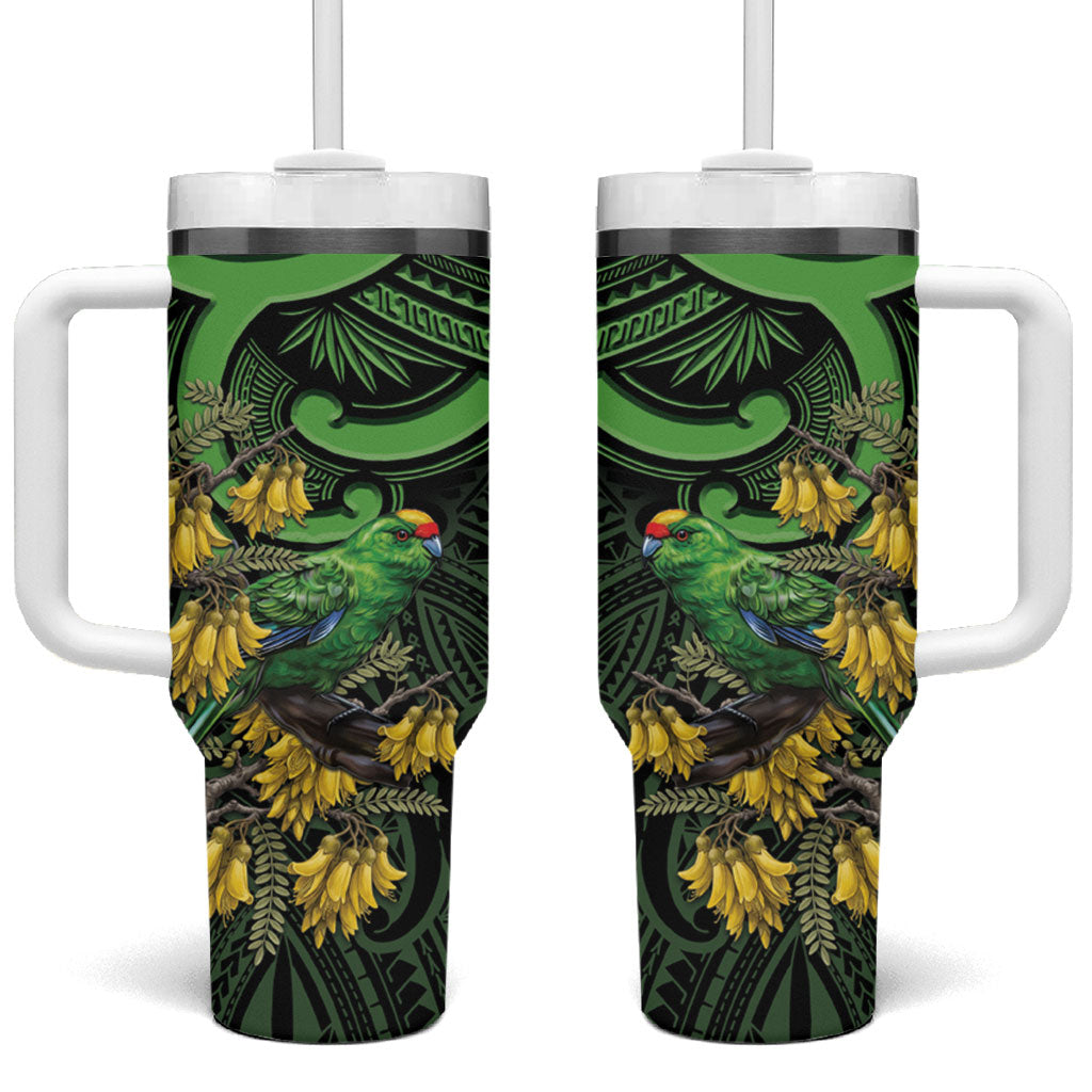 New Zealand Parakeet Bird Tumbler With Handle Maori Kakariki Kowhai Maori Pattern LT22 One Size: 40 oz Green - Polynesian Pride