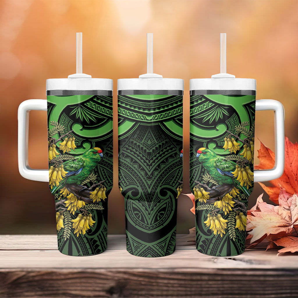 New Zealand Parakeet Bird Tumbler With Handle Maori Kakariki Kowhai Maori Pattern