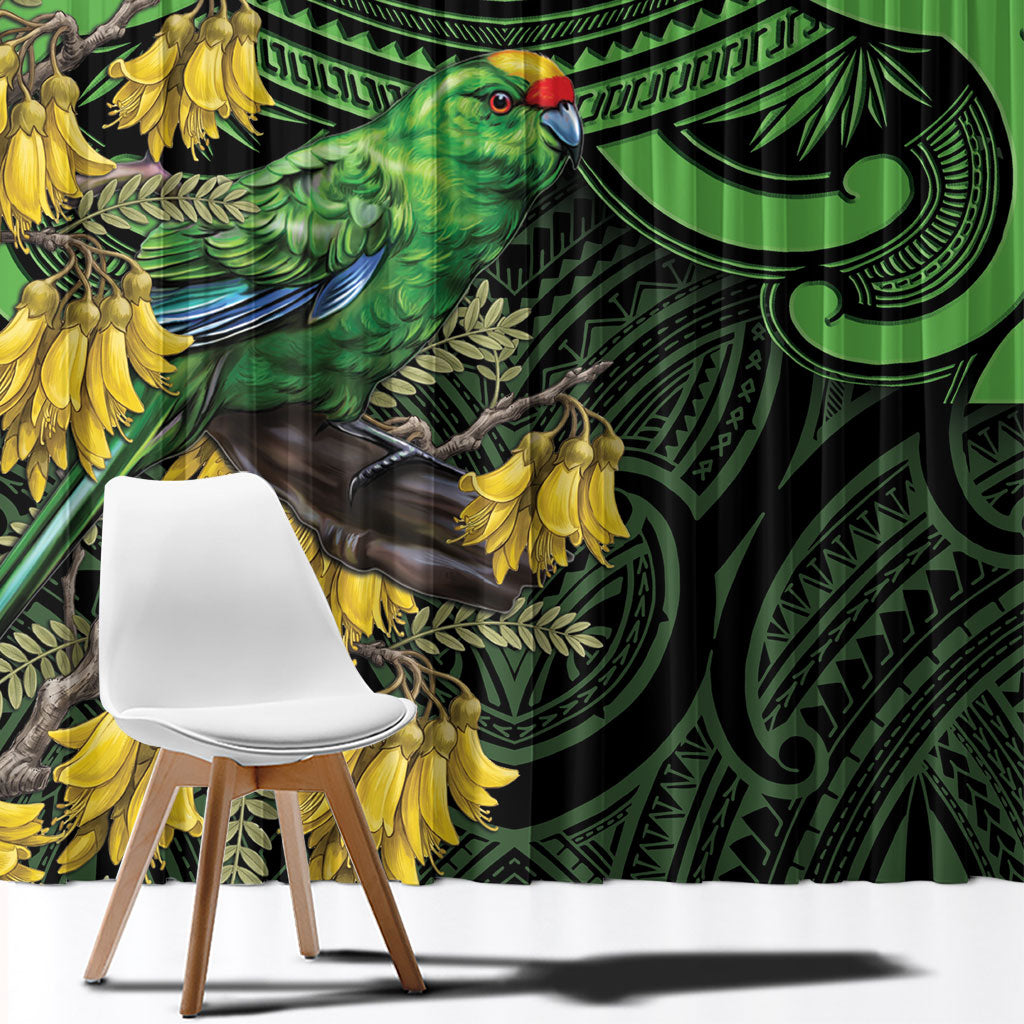 New Zealand Parakeet Bird Window Curtain Maori Kakariki Kowhai Maori Pattern