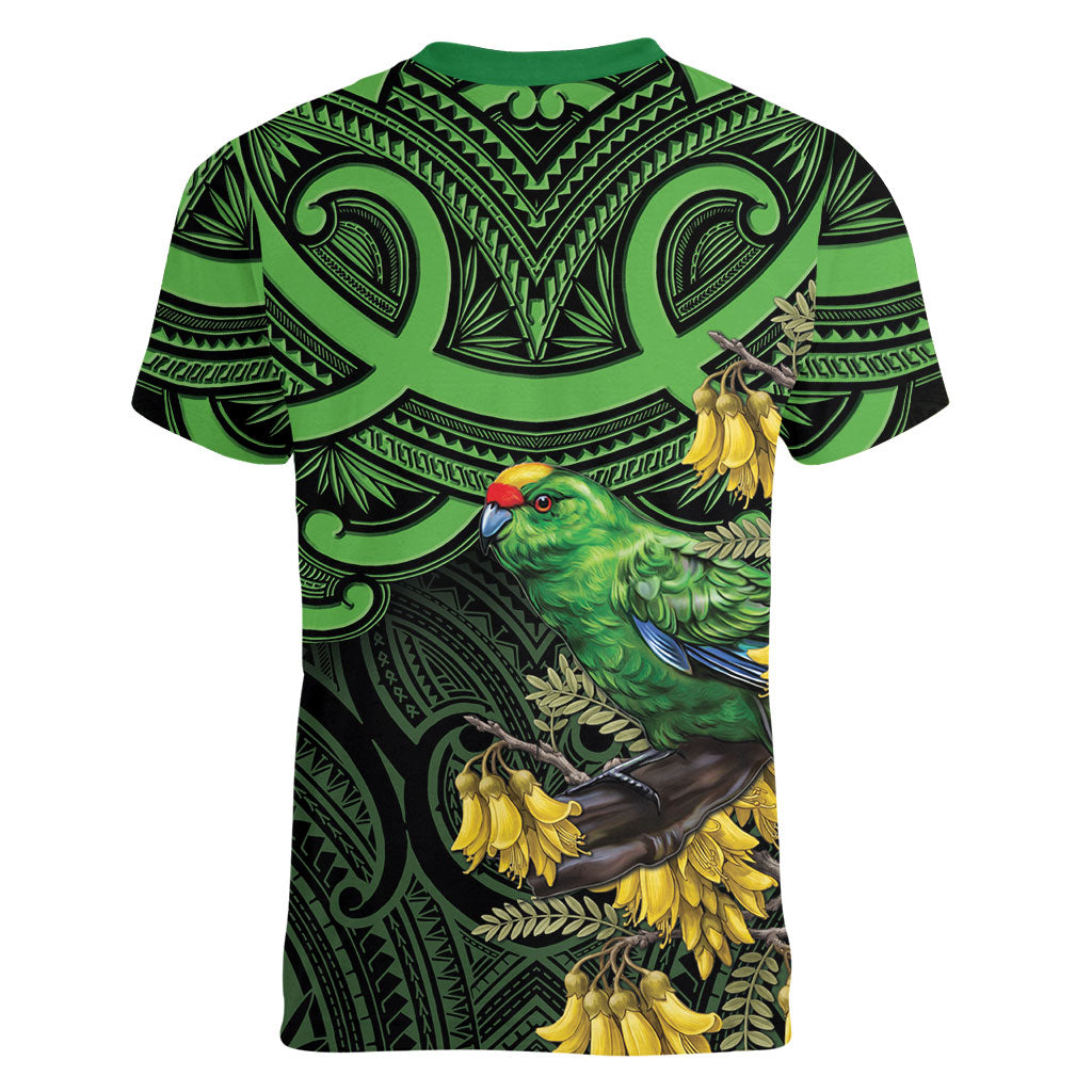 New Zealand Parakeet Bird Women V-Neck T-Shirt Maori Kakariki Kowhai Maori Pattern
