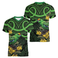 New Zealand Parakeet Bird Women V-Neck T-Shirt Maori Kakariki Kowhai Maori Pattern