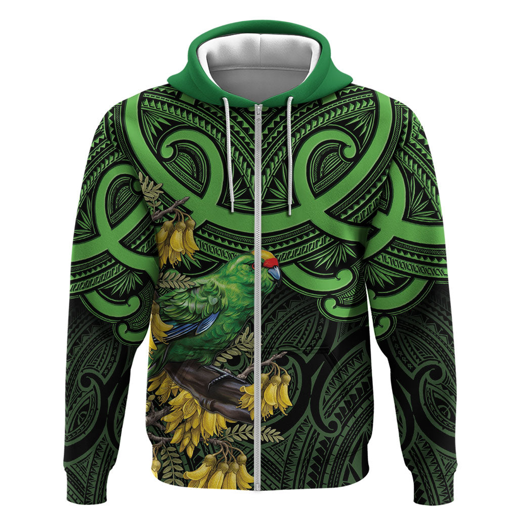 New Zealand Parakeet Bird Zip Hoodie Maori Kakariki Kowhai Maori Pattern