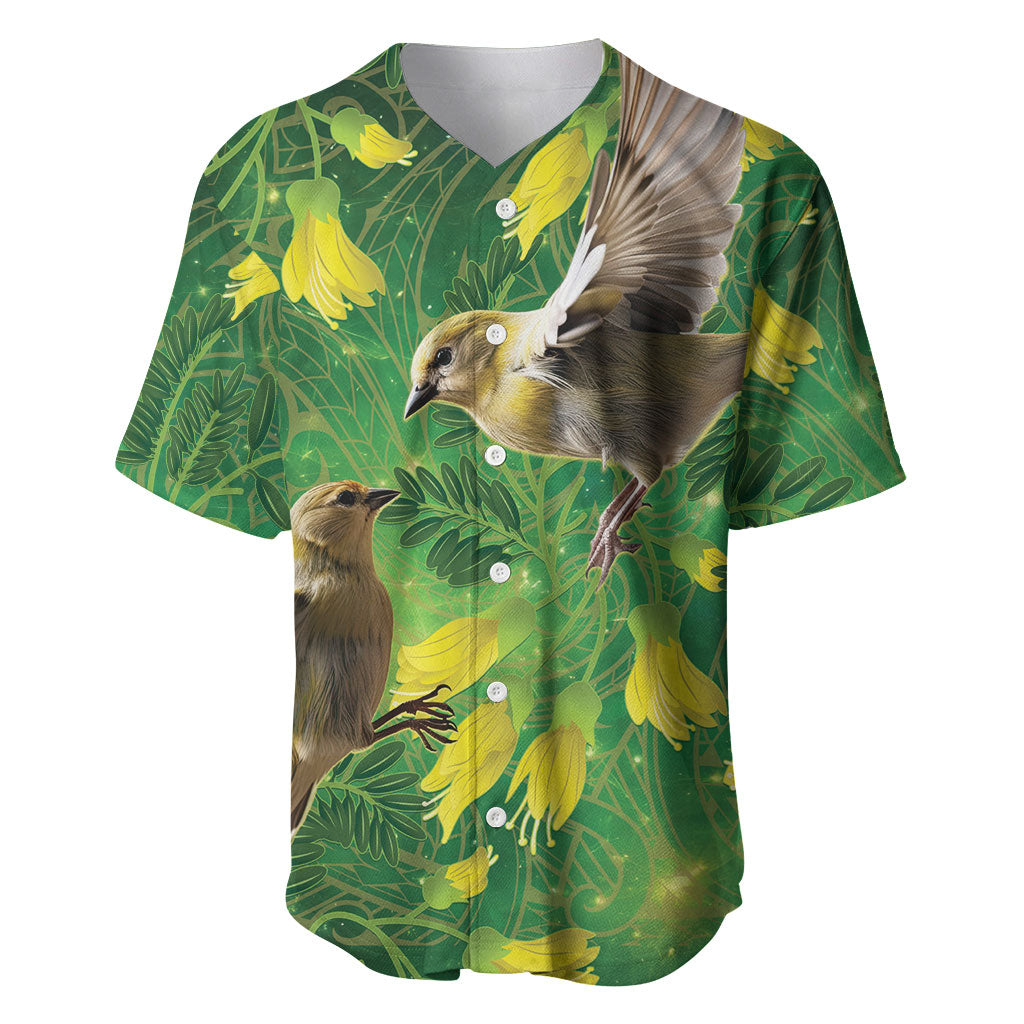 Bellbird New Zealand Personalised Baseball Jersey Kowhai Flower Maori Pattern LT22 Green - Polynesian Pride
