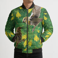 Bellbird New Zealand Personalised Bomber Puffer Jacket Kowhai Flower Maori Pattern