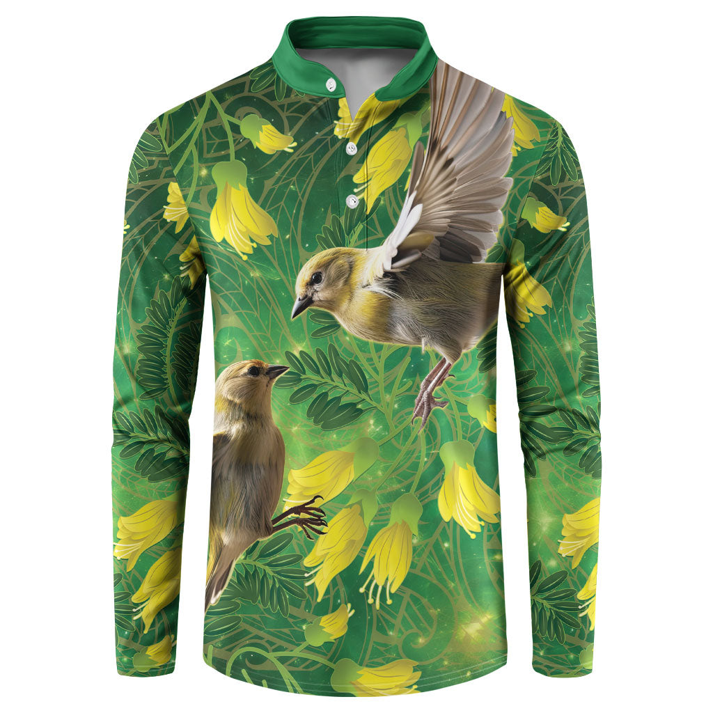 Bellbird New Zealand Personalised Button Sweatshirt Kowhai Flower Maori Pattern LT22 Green - Polynesian Pride