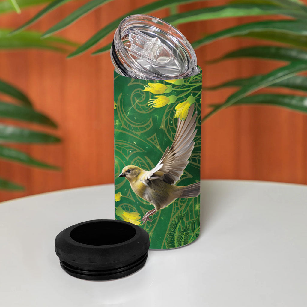 Bellbird New Zealand Personalised 4 in 1 Can Cooler Tumbler Kowhai Flower Maori Pattern LT22 - Polynesian Pride