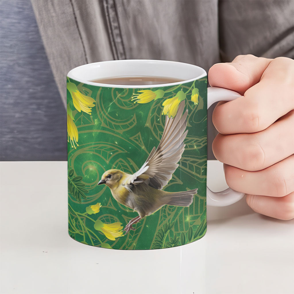Bellbird New Zealand Personalised Ceramic Mug Kowhai Flower Maori Pattern