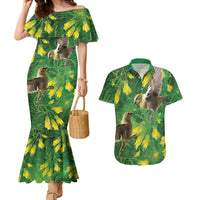 Bellbird New Zealand Personalised Couples Matching Mermaid Dress and Hawaiian Shirt Kowhai Flower Maori Pattern