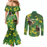 Bellbird New Zealand Personalised Couples Matching Mermaid Dress and Long Sleeve Button Shirt Kowhai Flower Maori Pattern LT22 - Polynesian Pride