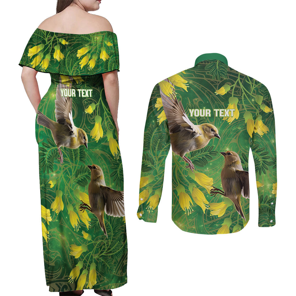 Bellbird New Zealand Personalised Couples Matching Off Shoulder Maxi Dress and Long Sleeve Button Shirt Kowhai Flower Maori Pattern LT22 - Polynesian Pride
