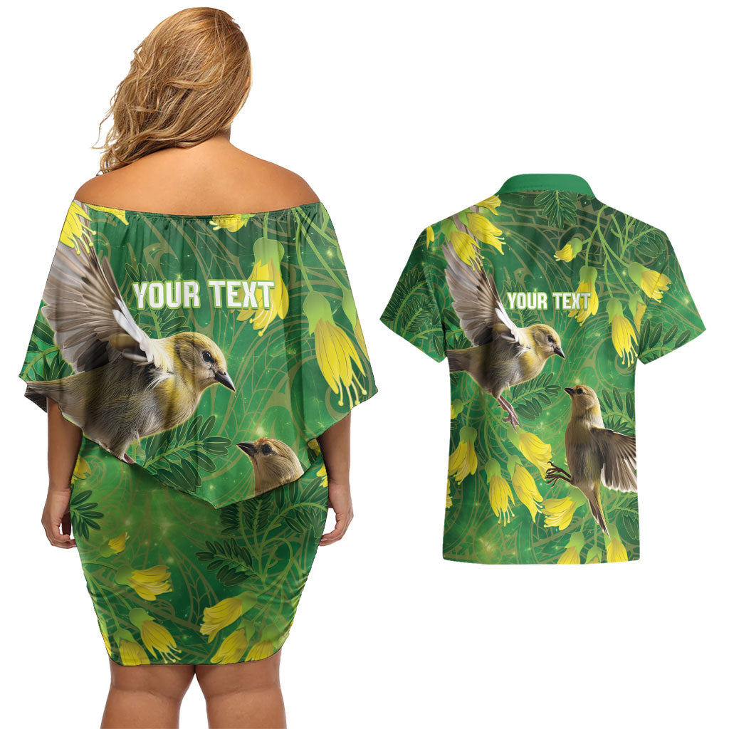 Bellbird New Zealand Personalised Couples Matching Off Shoulder Short Dress and Hawaiian Shirt Kowhai Flower Maori Pattern