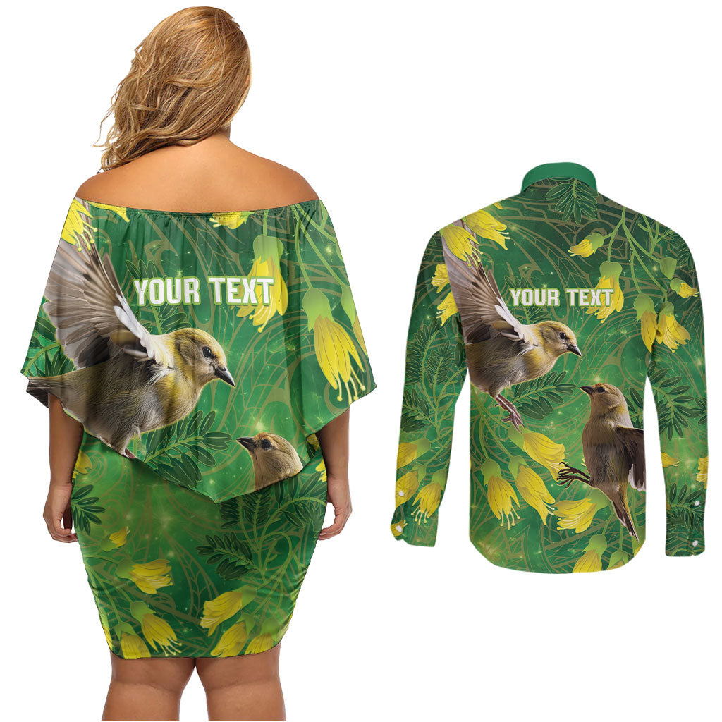 Bellbird New Zealand Personalised Couples Matching Off Shoulder Short Dress and Long Sleeve Button Shirt Kowhai Flower Maori Pattern LT22 - Polynesian Pride