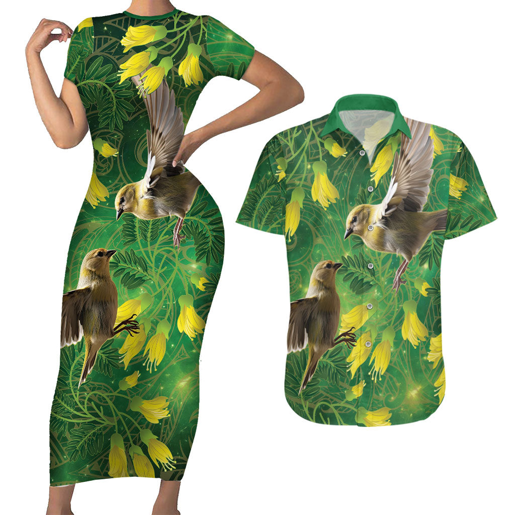 Bellbird New Zealand Personalised Couples Matching Short Sleeve Bodycon Dress and Hawaiian Shirt Kowhai Flower Maori Pattern