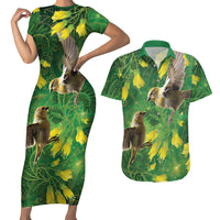 Bellbird New Zealand Personalised Couples Matching Short Sleeve Bodycon Dress and Hawaiian Shirt Kowhai Flower Maori Pattern
