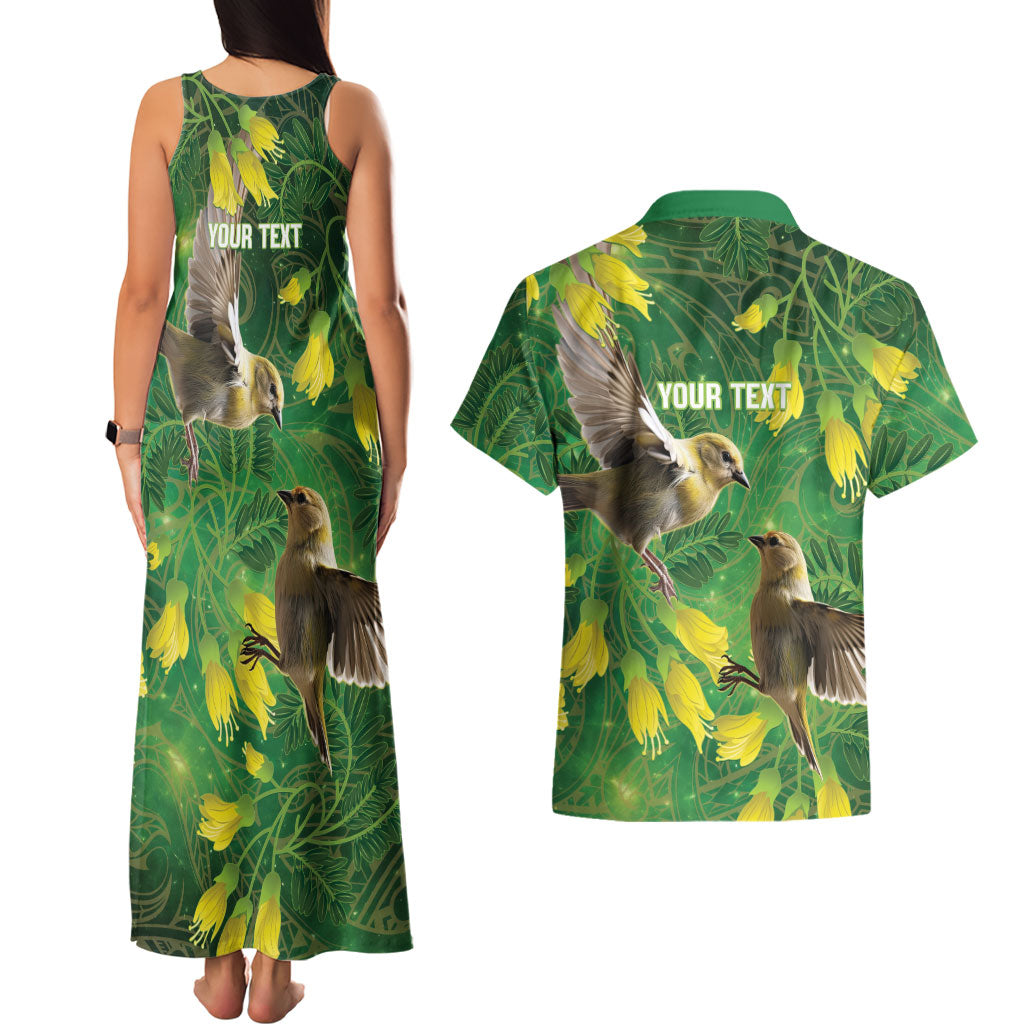 Bellbird New Zealand Personalised Couples Matching Tank Maxi Dress and Hawaiian Shirt Kowhai Flower Maori Pattern