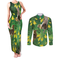 Bellbird New Zealand Personalised Couples Matching Tank Maxi Dress and Long Sleeve Button Shirt Kowhai Flower Maori Pattern LT22 Green - Polynesian Pride
