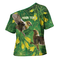 Bellbird New Zealand Personalised Cross Shoulder Shirt Kowhai Flower Maori Pattern