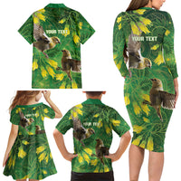 Bellbird New Zealand Personalised Family Matching Long Sleeve Bodycon Dress and Hawaiian Shirt Kowhai Flower Maori Pattern LT22 - Polynesian Pride
