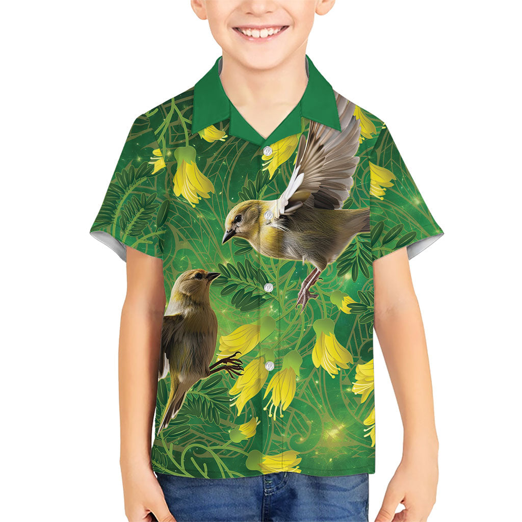 Bellbird New Zealand Personalised Family Matching Long Sleeve Bodycon Dress and Hawaiian Shirt Kowhai Flower Maori Pattern LT22 Son's Shirt Green - Polynesian Pride