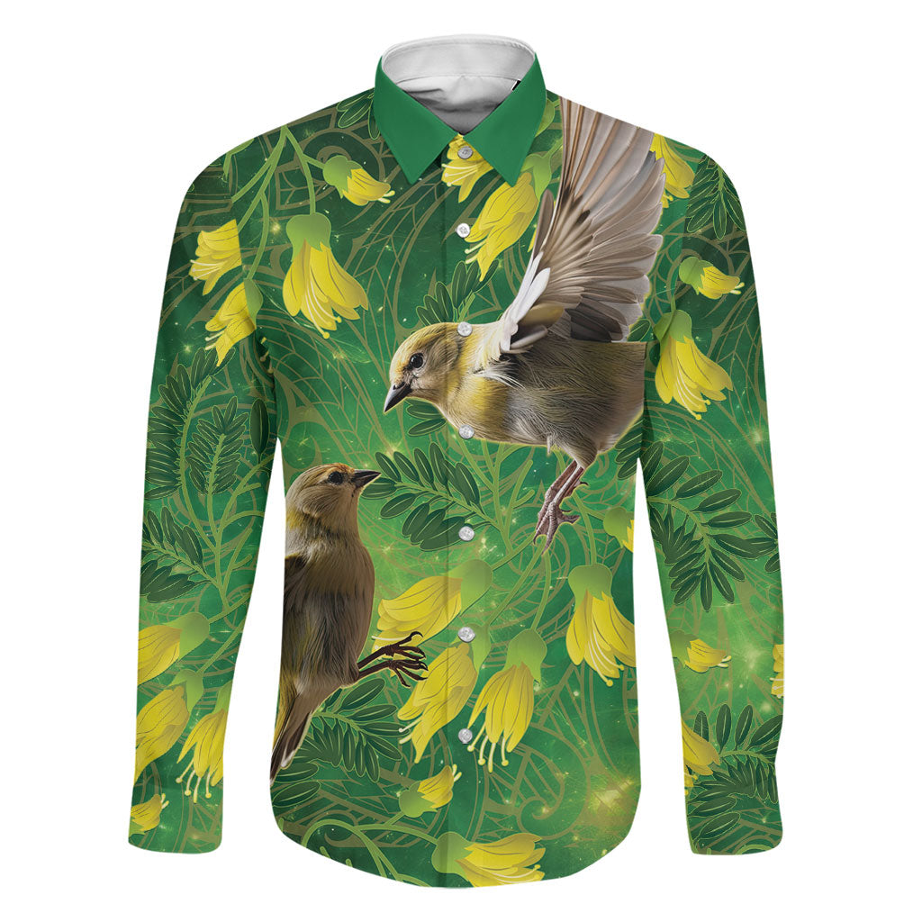 Bellbird New Zealand Personalised Family Matching Off The Shoulder Long Sleeve Dress and Hawaiian Shirt Kowhai Flower Maori Pattern LT22 Dad's Shirt - Long Sleeve Green - Polynesian Pride