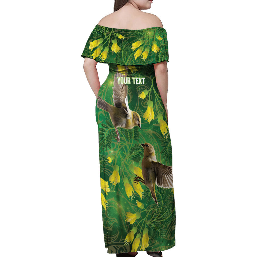 Bellbird New Zealand Personalised Family Matching Off Shoulder Maxi Dress and Hawaiian Shirt Kowhai Flower Maori Pattern LT22 - Polynesian Pride