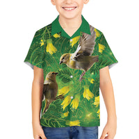Bellbird New Zealand Personalised Family Matching Off Shoulder Maxi Dress and Hawaiian Shirt Kowhai Flower Maori Pattern LT22 Son's Shirt Green - Polynesian Pride