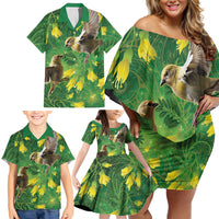 Bellbird New Zealand Personalised Family Matching Off Shoulder Short Dress and Hawaiian Shirt Kowhai Flower Maori Pattern LT22 - Polynesian Pride