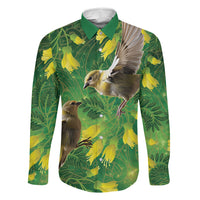 Bellbird New Zealand Personalised Family Matching Short Sleeve Bodycon Dress and Hawaiian Shirt Kowhai Flower Maori Pattern LT22 Dad's Shirt - Long Sleeve Green - Polynesian Pride