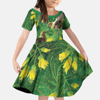 Bellbird New Zealand Personalised Family Matching Summer Maxi Dress and Hawaiian Shirt Kowhai Flower Maori Pattern LT22 Daughter's Dress Green - Polynesian Pride