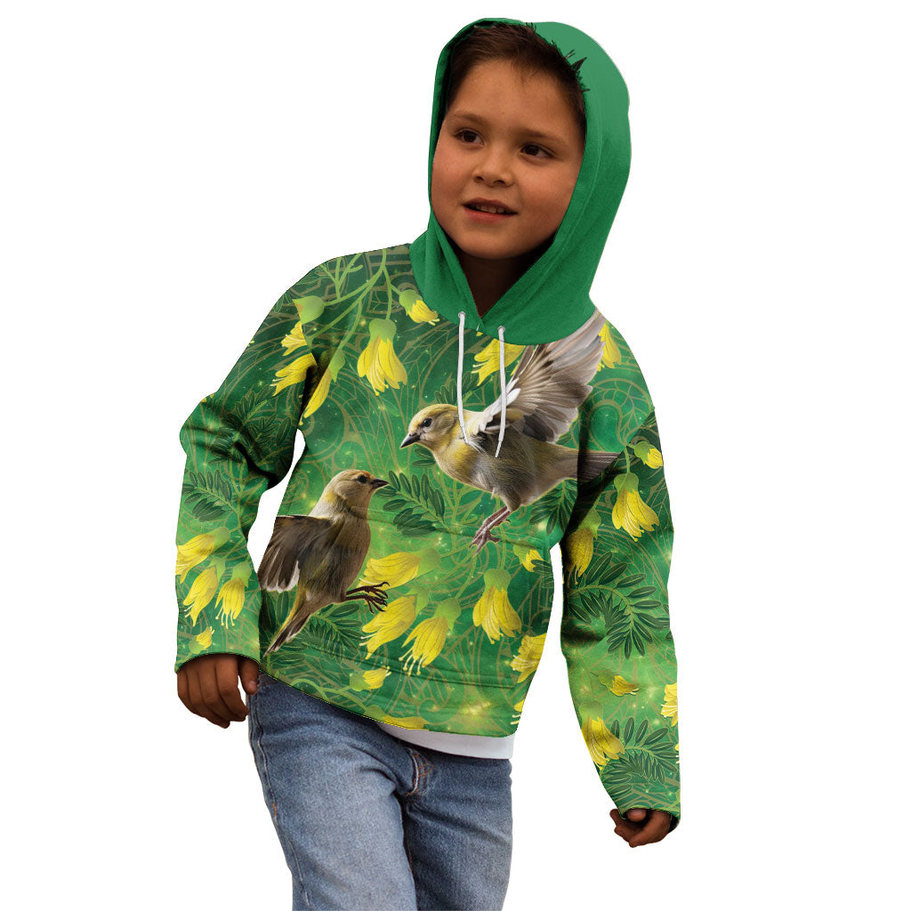 Bellbird New Zealand Personalised Kid Hoodie Kowhai Flower Maori Pattern