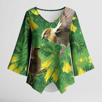 Bellbird New Zealand Personalised Kimono Sleeve Blouse Kowhai Flower Maori Pattern LT22 Female Green - Polynesian Pride