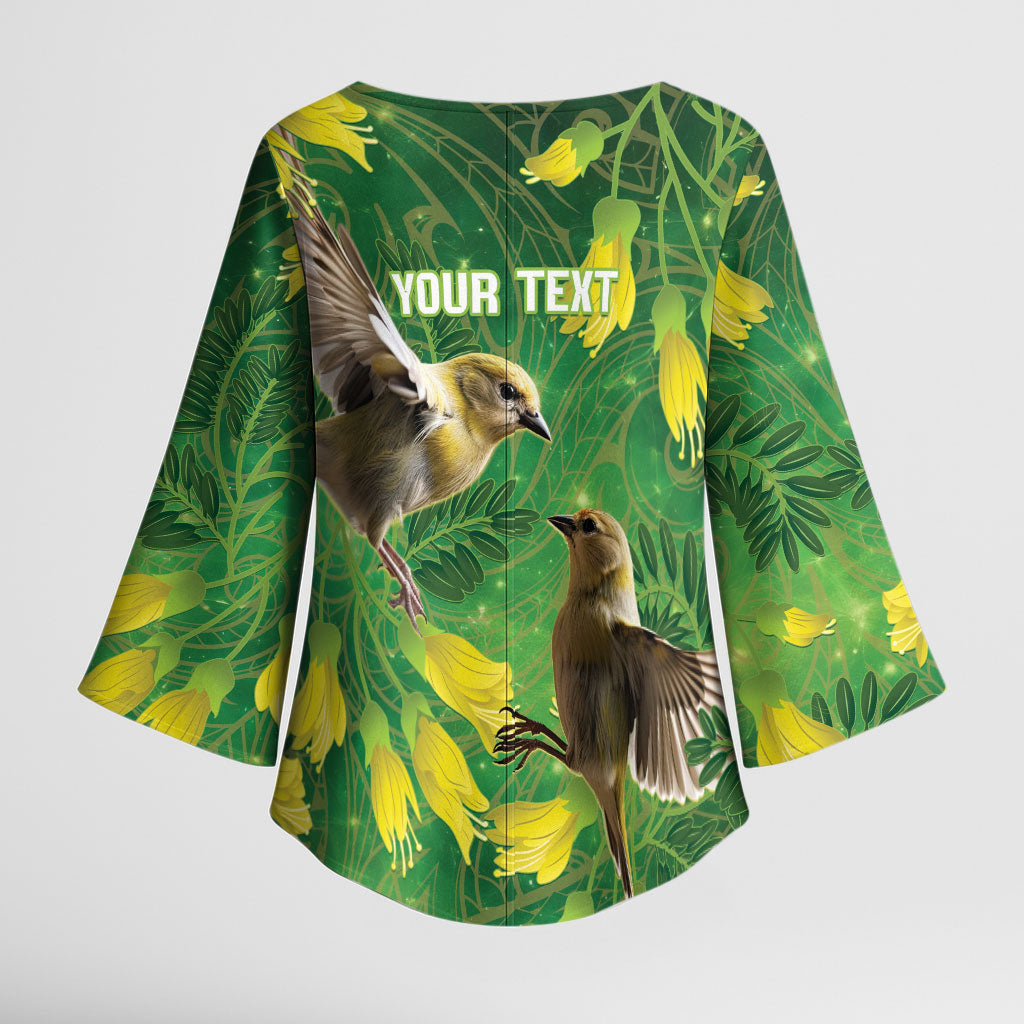 Bellbird New Zealand Personalised Kimono Sleeve Blouse Kowhai Flower Maori Pattern LT22 - Polynesian Pride