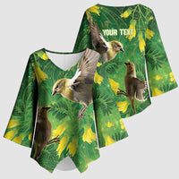 Bellbird New Zealand Personalised Kimono Sleeve Blouse Kowhai Flower Maori Pattern LT22 - Polynesian Pride