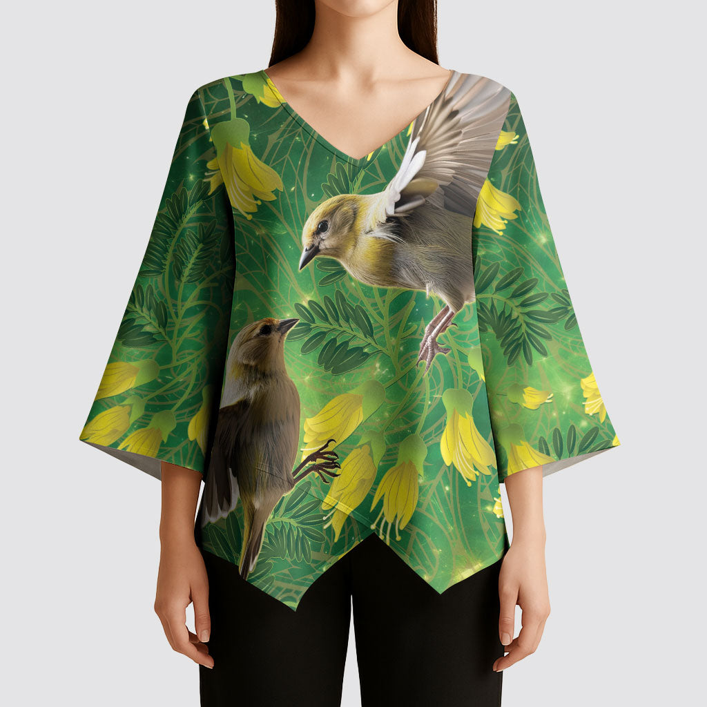 Bellbird New Zealand Personalised Kimono Sleeve Blouse Kowhai Flower Maori Pattern LT22 - Polynesian Pride