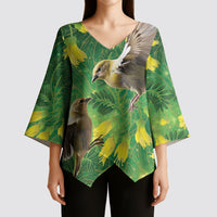 Bellbird New Zealand Personalised Kimono Sleeve Blouse Kowhai Flower Maori Pattern LT22 - Polynesian Pride
