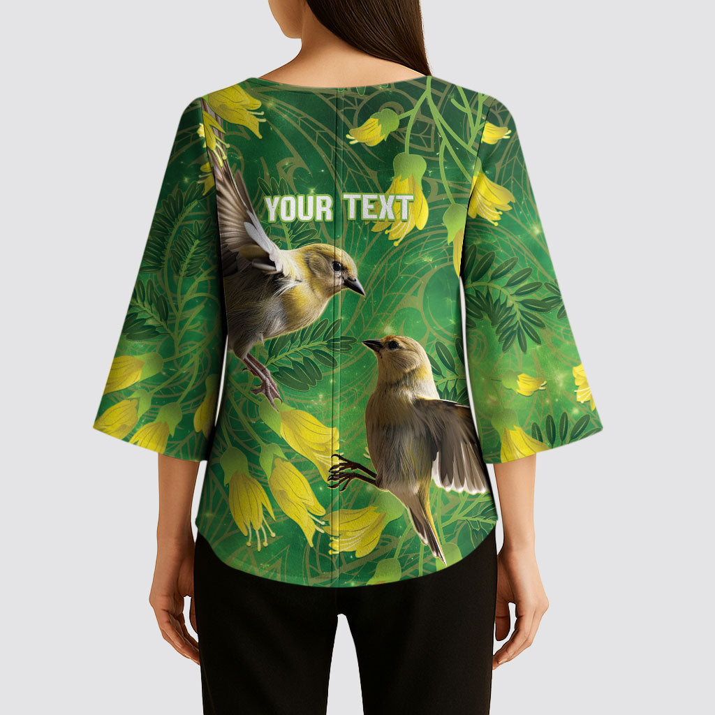 Bellbird New Zealand Personalised Kimono Sleeve Blouse Kowhai Flower Maori Pattern LT22 - Polynesian Pride