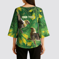Bellbird New Zealand Personalised Kimono Sleeve Blouse Kowhai Flower Maori Pattern LT22 - Polynesian Pride