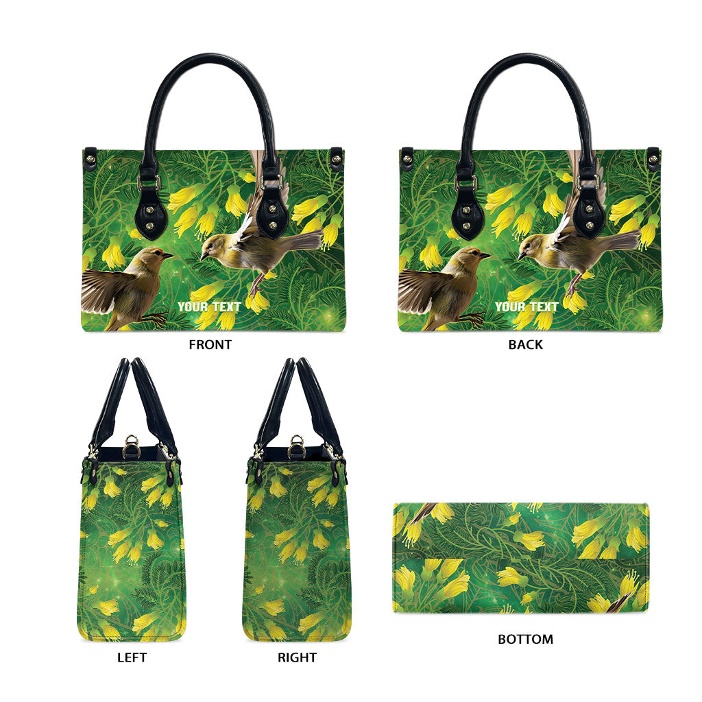 Bellbird New Zealand Personalised Leather Bag Kowhai Flower Maori Pattern