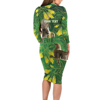 Bellbird New Zealand Personalised Long Sleeve Bodycon Dress Kowhai Flower Maori Pattern LT22 - Polynesian Pride