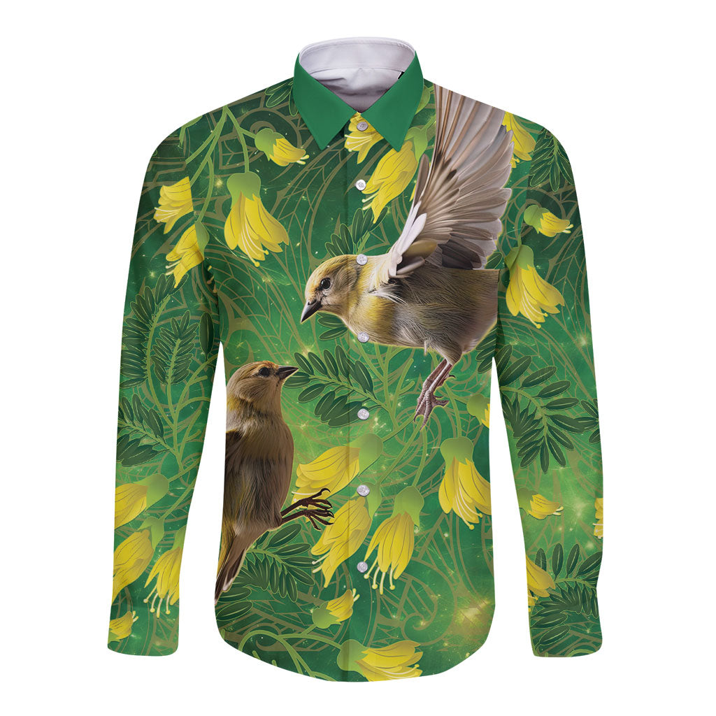 Bellbird New Zealand Personalised Long Sleeve Button Shirt Kowhai Flower Maori Pattern LT22 Unisex Green - Polynesian Pride