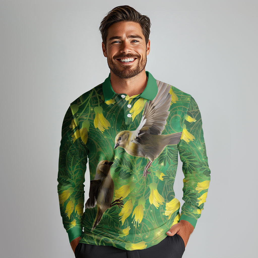 Bellbird New Zealand Personalised Long Sleeve Polo Shirt Kowhai Flower Maori Pattern LT22 - Polynesian Pride