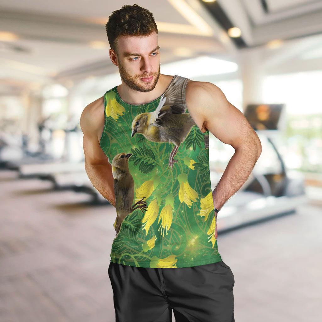 Bellbird New Zealand Personalised Men Tank Top Kowhai Flower Maori Pattern LT22 Green - Polynesian Pride