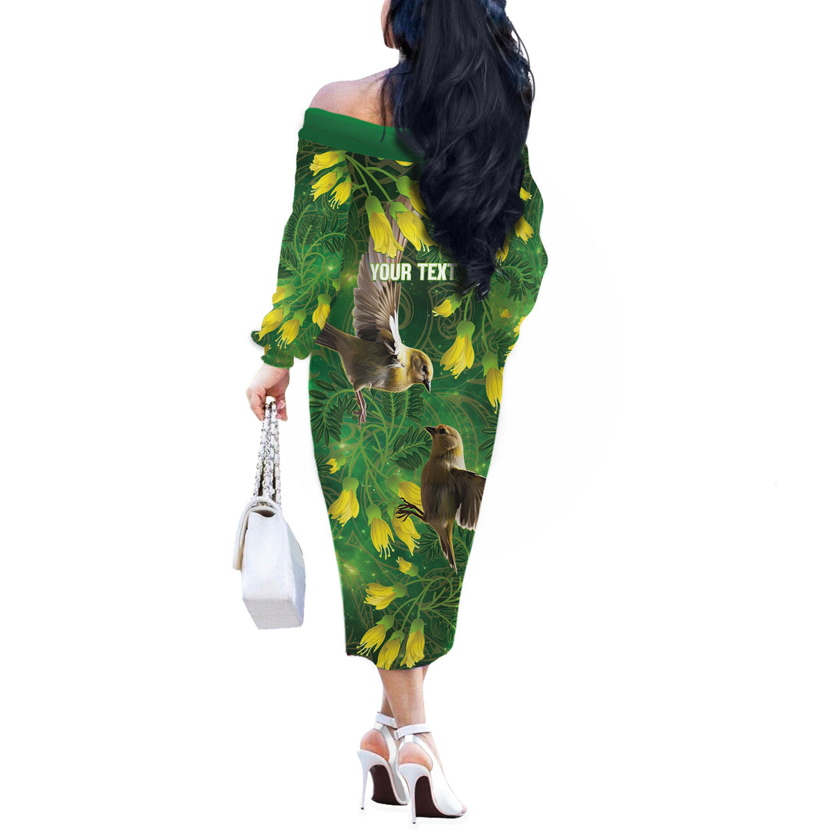 Bellbird New Zealand Personalised Off The Shoulder Long Sleeve Dress Kowhai Flower Maori Pattern