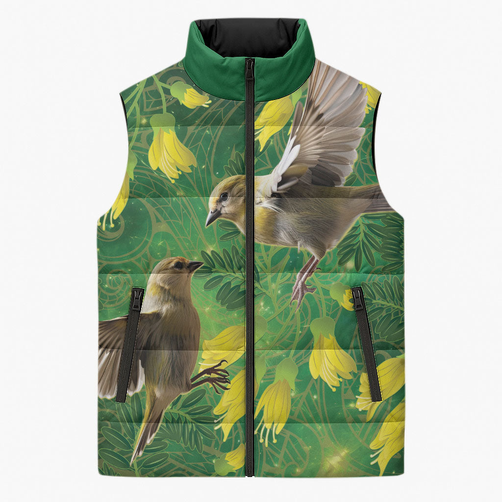 Bellbird New Zealand Personalised Sleeveless Puffer Jacket Kowhai Flower Maori Pattern LT22 Unisex Green - Polynesian Pride