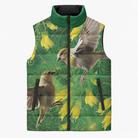 Bellbird New Zealand Personalised Sleeveless Puffer Jacket Kowhai Flower Maori Pattern LT22 Unisex Green - Polynesian Pride