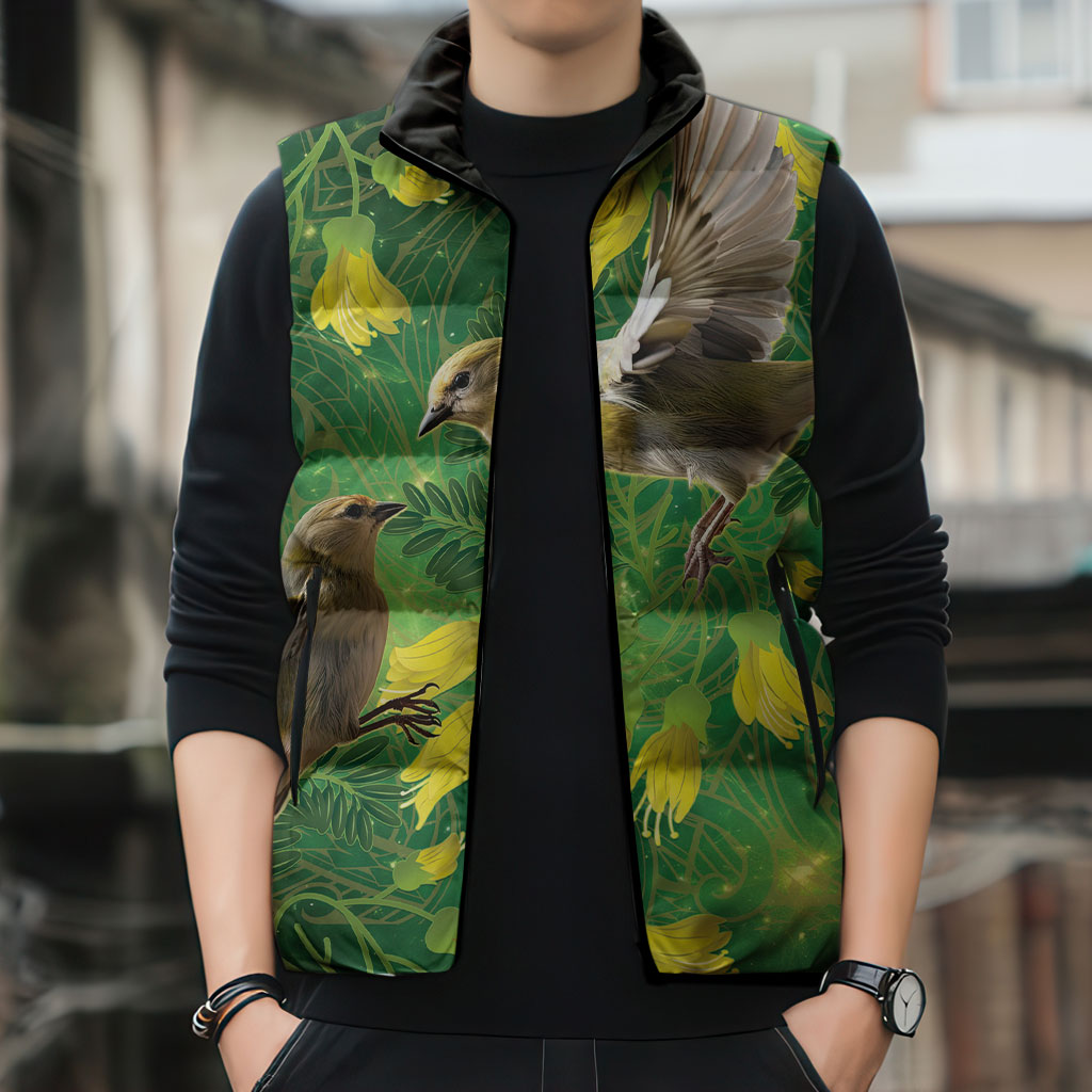 Bellbird New Zealand Personalised Sleeveless Puffer Jacket Kowhai Flower Maori Pattern LT22 - Polynesian Pride
