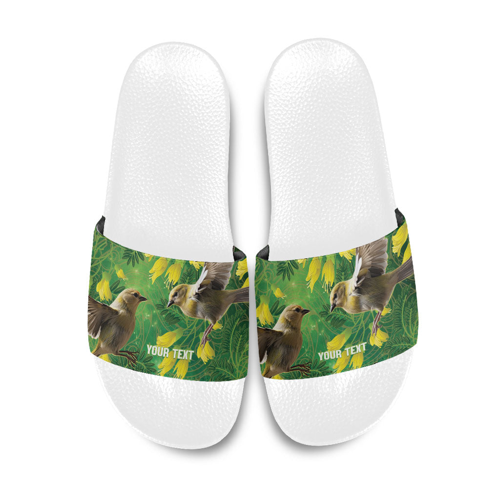 Bellbird New Zealand Personalised Slide Sandals Kowhai Flower Maori Pattern