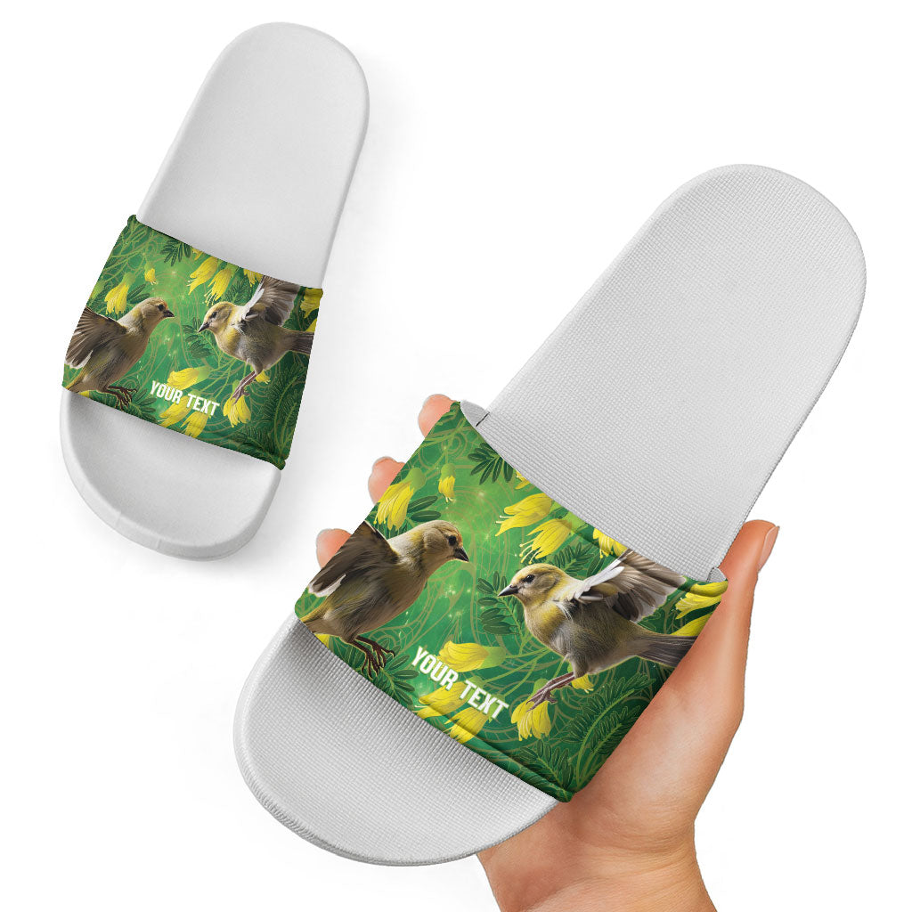 Bellbird New Zealand Personalised Slide Sandals Kowhai Flower Maori Pattern